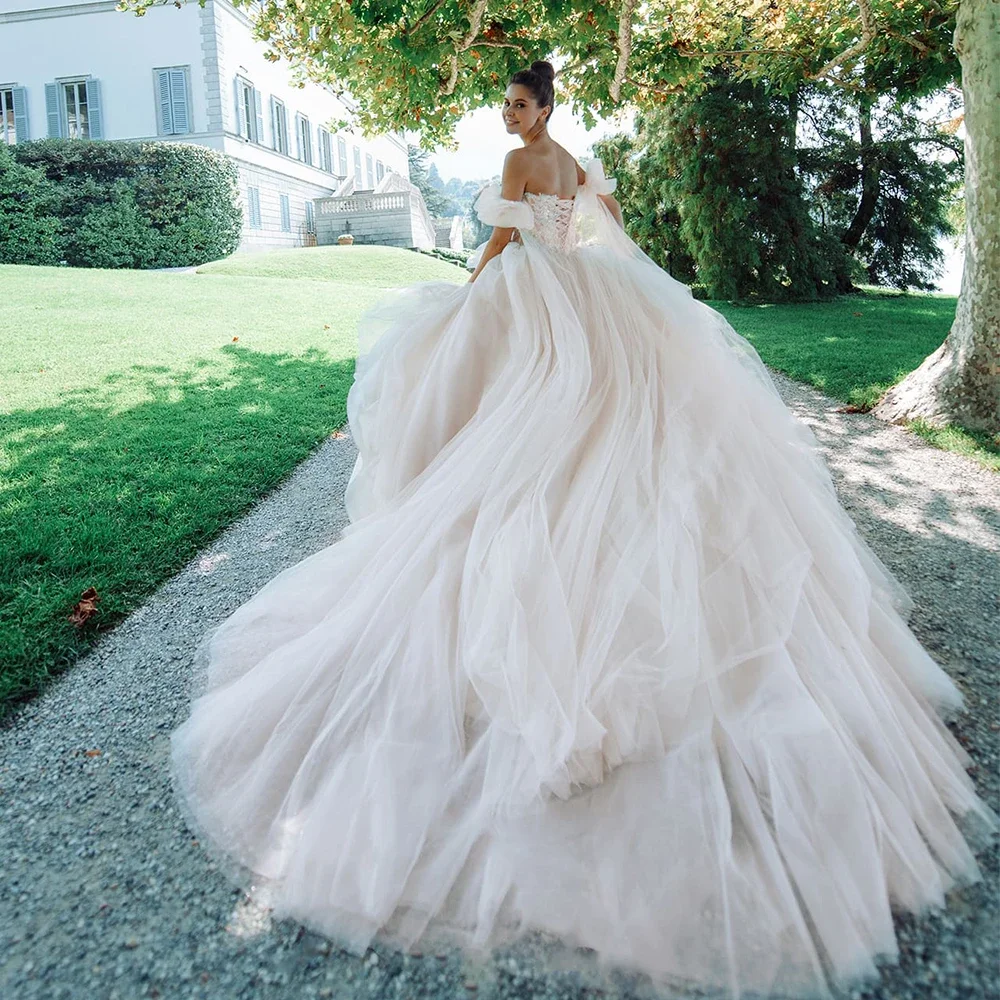 Customized vestidos de novia robe de mariée Gorgeous свадебное платье Lace Tulle Wedding Dresses With Lace Up Princess Gowns