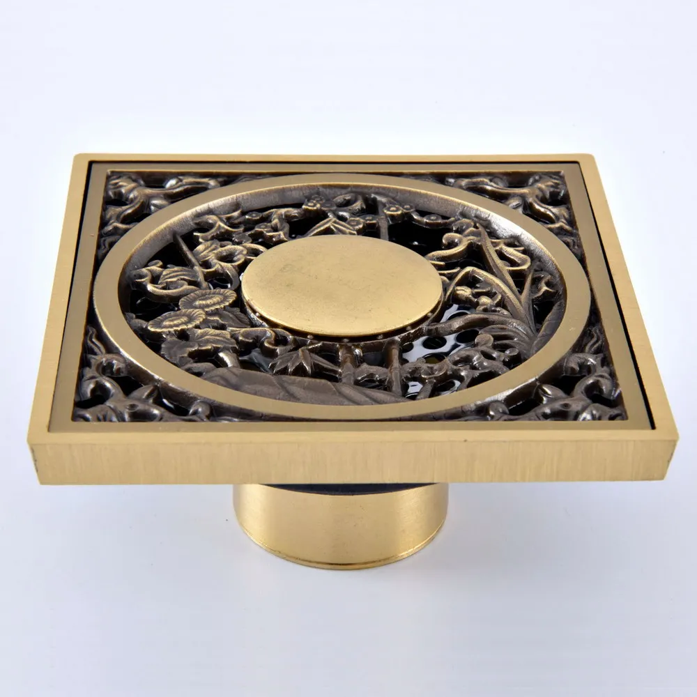 Antique Brass Carved Flower Pattern Bathroom Shower Drain 4