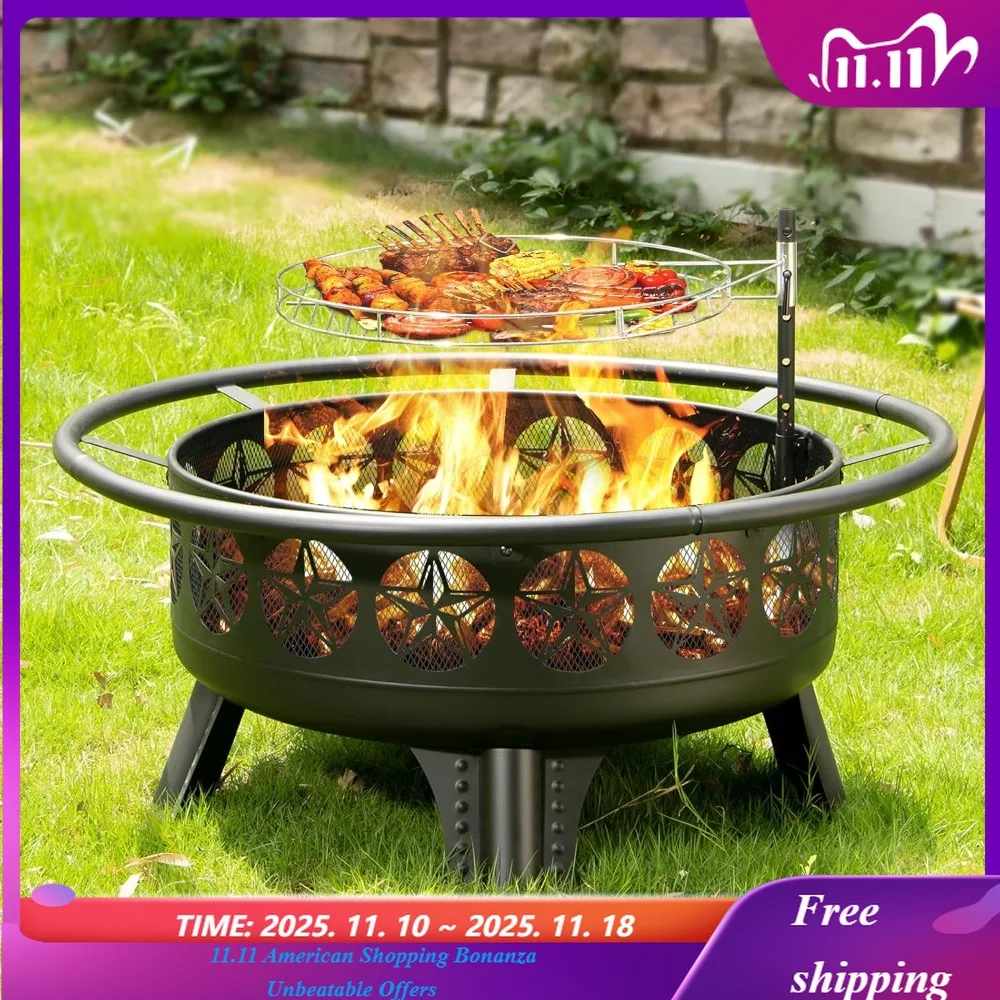 

38” Wood Burning Fire Pits for Outside,3-in-1 Fire Pit with Grill, Spark Screen & Fire Poker,Outdoor Firepit Table with Swivel