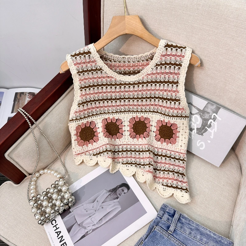 Granny Square Crochet Tank Top Sleeveless Asymmetric Hem Open-knit Crop Tops Women Teengirl Summer Fairycore Vintage Outfit