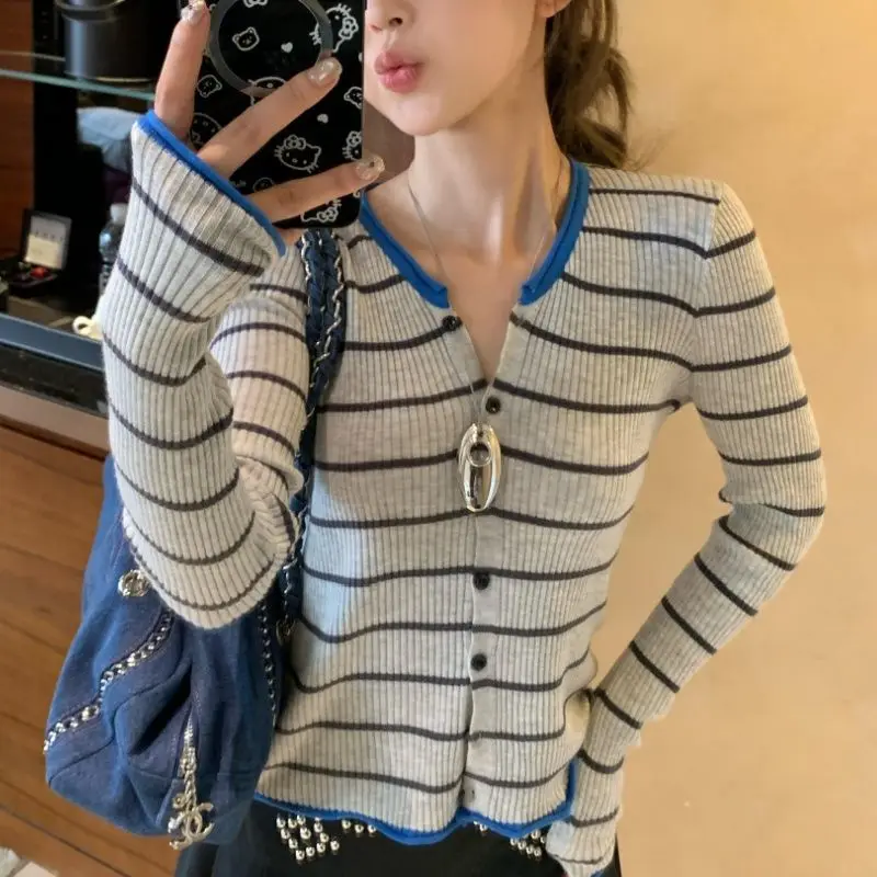 컬러 블록 스트라이프 니트 가디건 여성 슬림 캐주얼 스웨터 코트