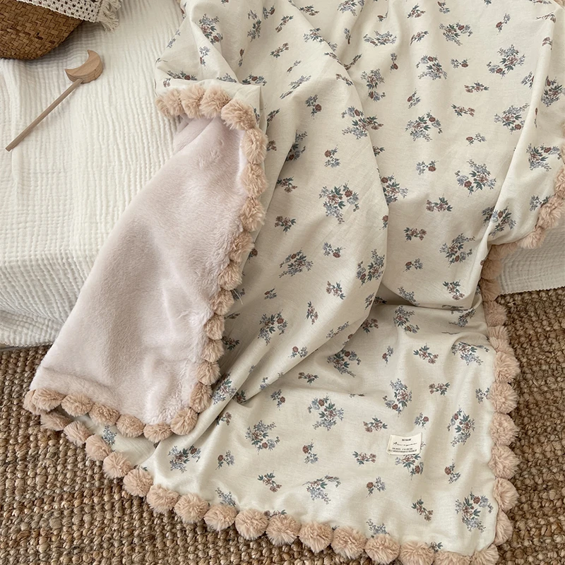 90X130cm Warm Winter Baby Blanket Pompom Blush Sprigs and Blooms Minky Blanket Floral Baby Blanket Quilt Bedding Cover