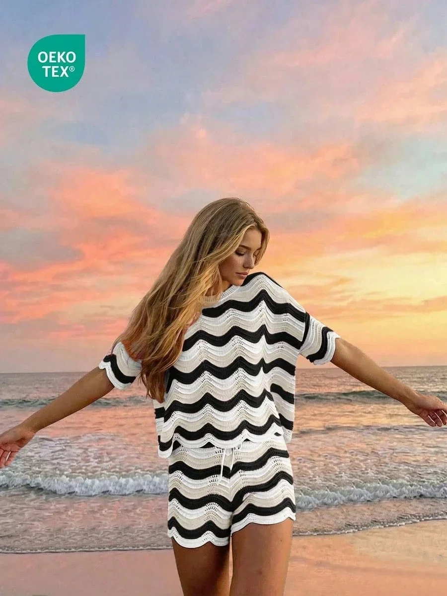 

Women's Hollow Crochet Knit Zigzag Pattern Short Sleeve Top And Shorts 2 Piece Set