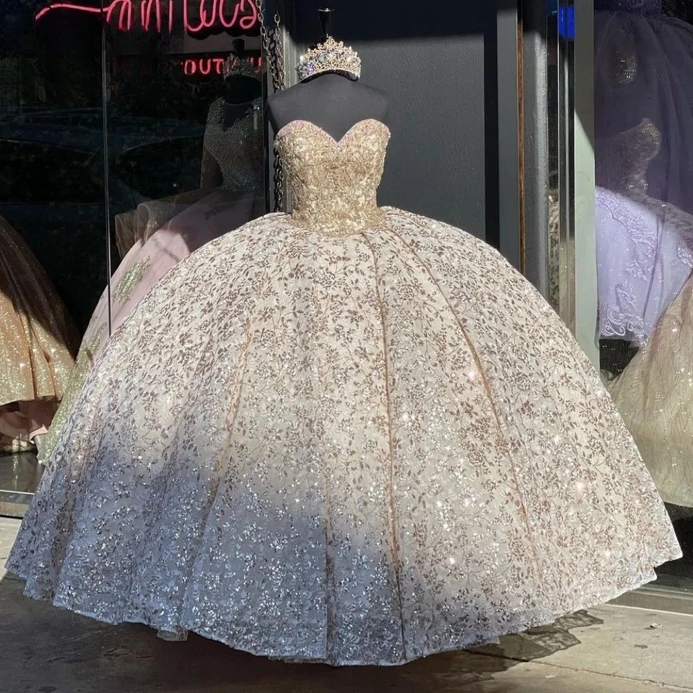 

Champagne Princess Quinceanera Dresses Ball Gown Sweetheart Lace Bow Sparkle Sweet 16 Dresses 15 Años Mexican