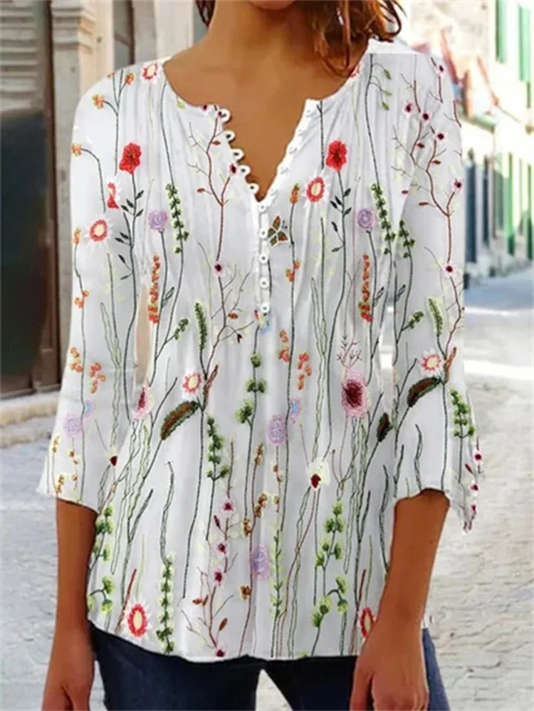 Spring and Autumn Women\'s Top Sexy V-neck Floral Print Long Sleeve Pullover Casual Commuter T-shirt