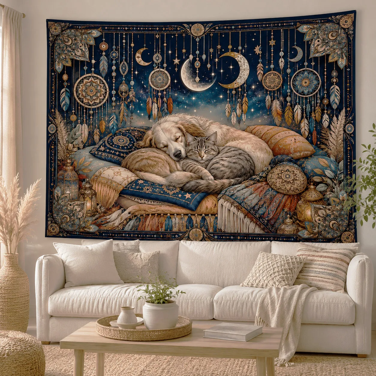Cat Dog Starry Night Tapestry Wall Hanging Moon Astrology Fabric Tapestries Cozy Bedroom Room Decor Aesthetic Bed Backdrop