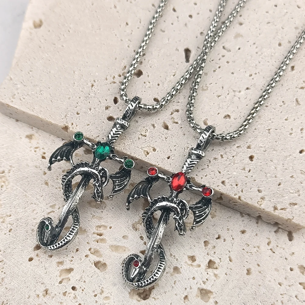 Vintage Dragon Sword Pendant Necklace, Gothic Winged Dragon Cross Sword Necklace With Imitation Gemstone Men Punk Amulet Jewelry view 2