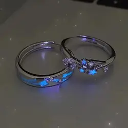 Fashion Blue Luminous Star Couple Ring Glow In Dark Fluorescent Zircon Ring Women Men Adjustable Finger Rings Jewelry Gifts