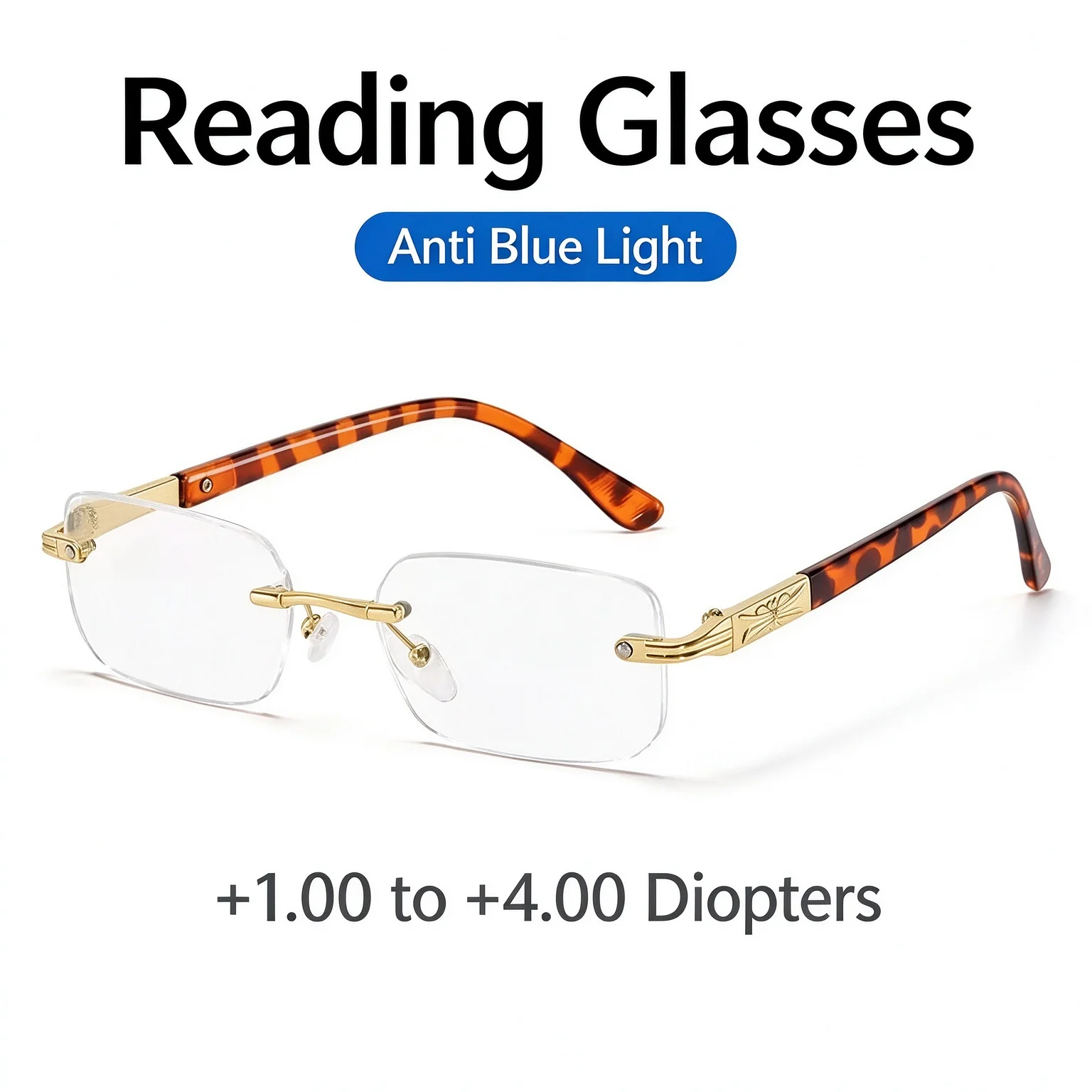 Rimless Anti Blue Light Reading Glasses Presbyopia Eyeglasses +1.00 to +4.00 Diopters Lightweight Tortoiseshell Temple