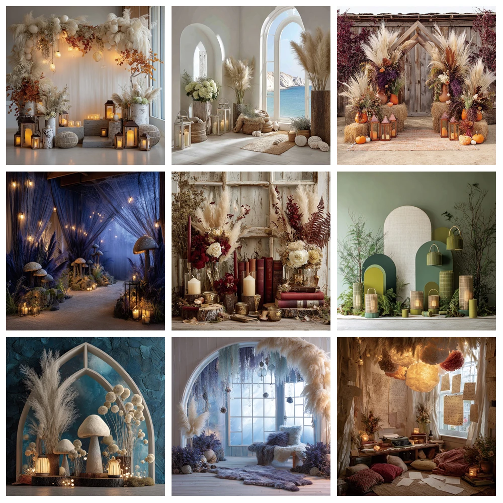 

MOON.QG Boho Pampas Grass Backdrops Door Curtains Arch Backgrounds Photography Accessories Portrait Photozone Birthday Wedding