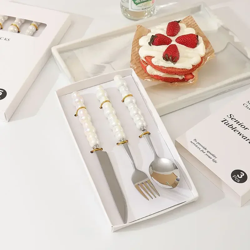 

3Pcs Light Luxury Knife Fork Spoon Dinnerware Set Stainless Steel Colorful Pearl Cutlery for Household Kitchen Tableware Kit