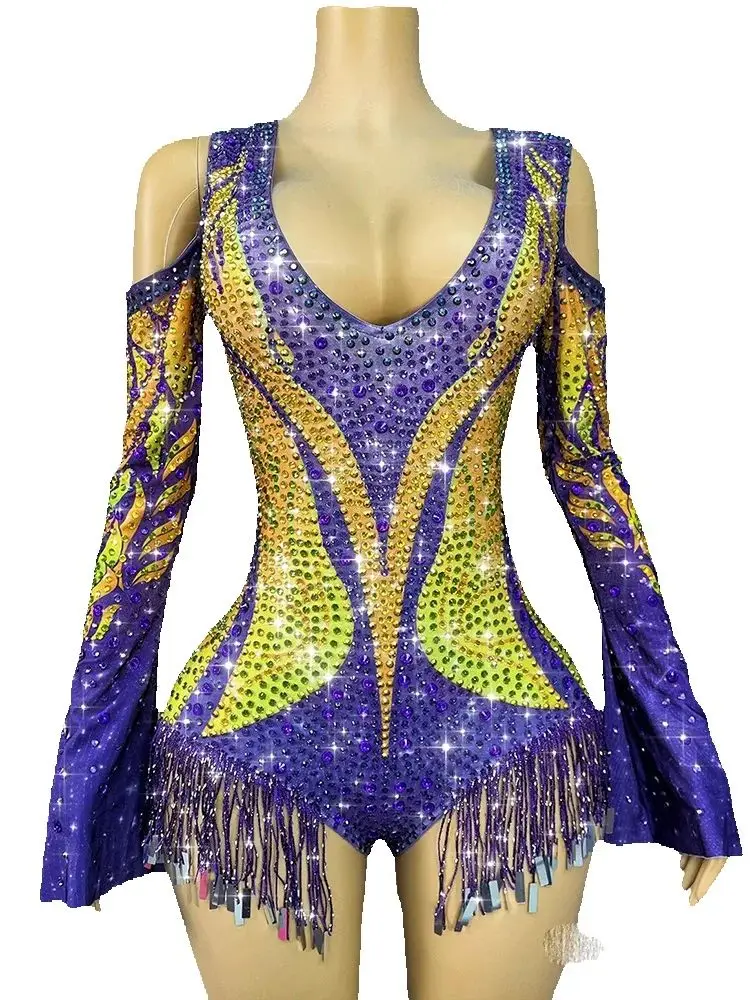 高品質ラインストーンVネックオフショルダータッセル付き伸縮性ジャンプスーツ2025新作ファッションカスタムレディース服