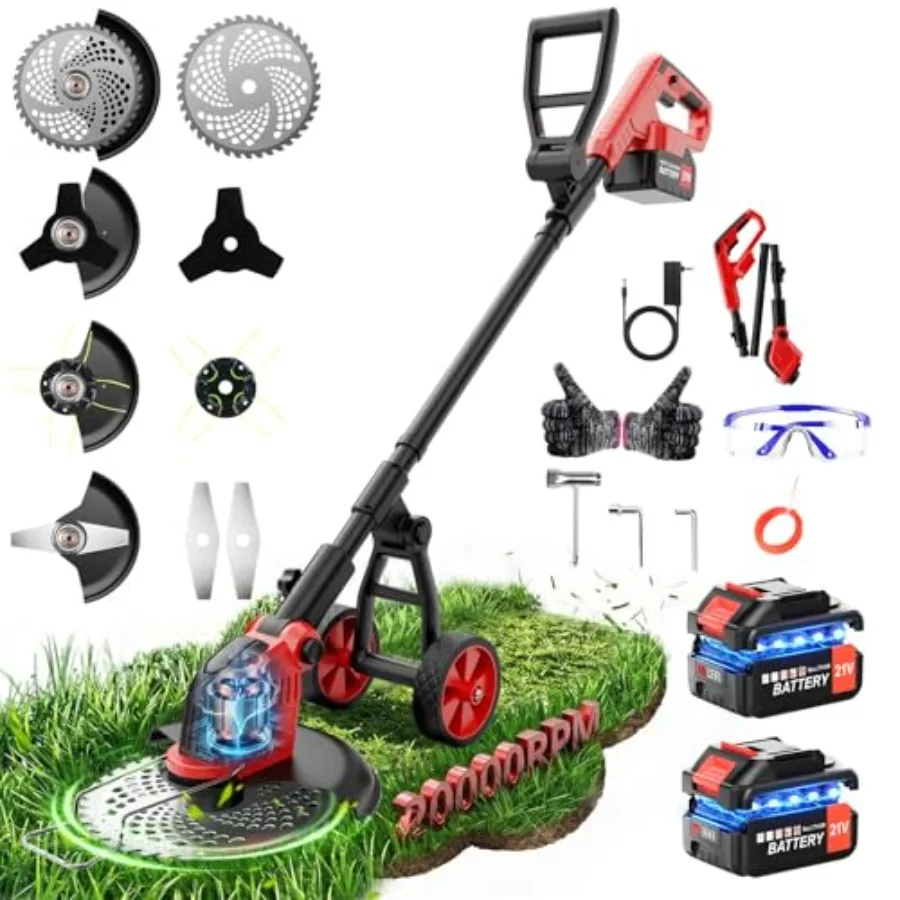 

20000RPM Electric Weed Wacker Cordless with Wheel, 12 Electric Weed Eater Battery Powered, 4-in-1 Brush Cutter/String Trimmer/G