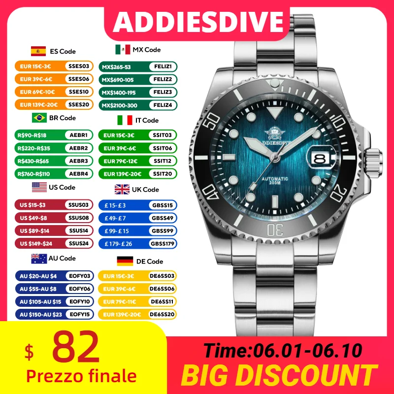 

ADDIESDIVE NEW Sunburst Dial Men's Watch Stainless Steel Sapphire Man Reloj Hombre Waterproof Diver Automatic Mechanical Watches