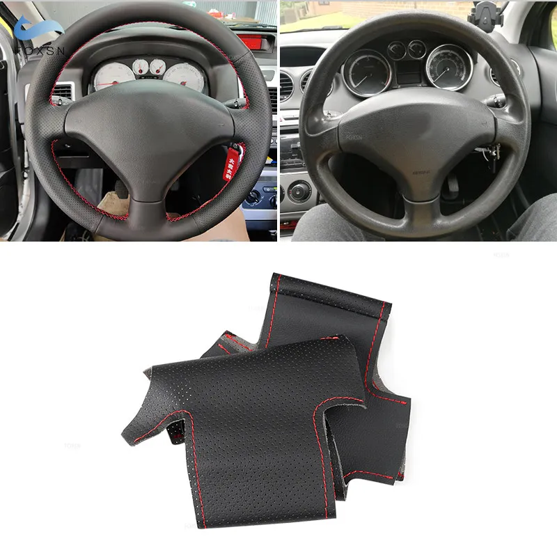 

Black-red line Perforated Leather Cover For Peugeot 308 Old Peugeot 408 DIY Hand Sewing Leather Car Steering Wheel Cover Trim