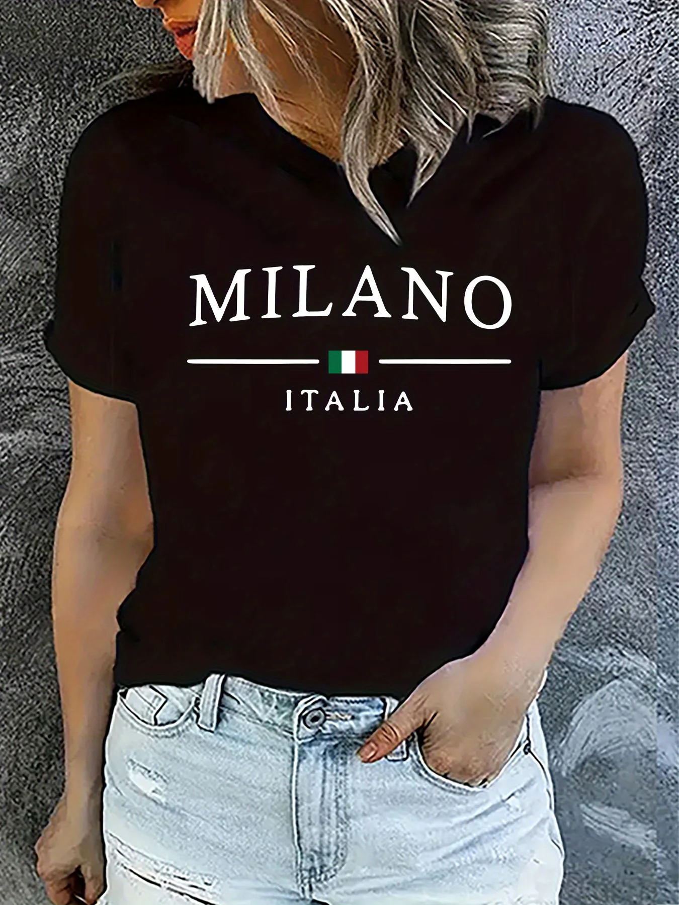 Manga tripulação pescoço casual topo para verão e primavera itália milão simples tendência da moda camiseta com estampa gráfica