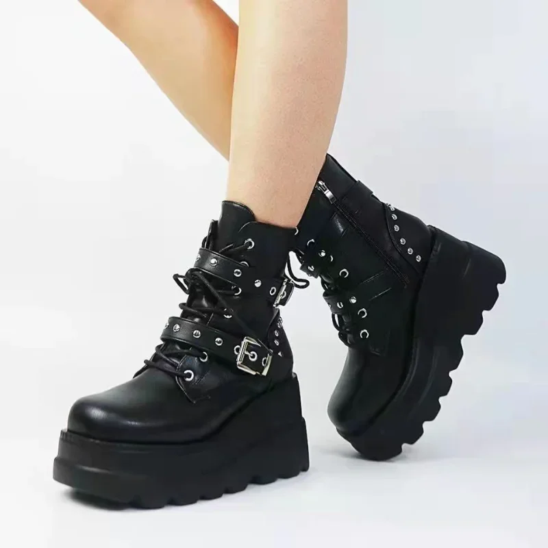 Stylish Punk Chic Platform Wedge Heeled Boots - Lace Up Ankle High, Comfortable, Versatile Women's Footwear for Everyday Wear