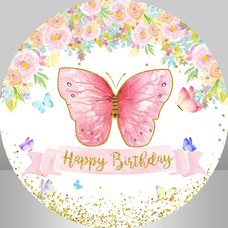 Różowe kwiaty Motyl Okrągłe tło Okładka Dziewczynki Noworodek Baby Shower Urodziny Wróżka Koło Tło Dostosowane