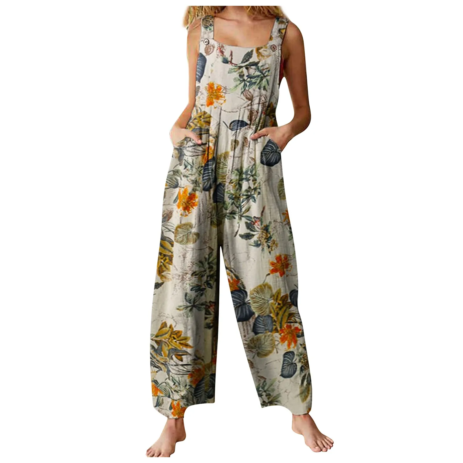 

Women'S Printed Jumpsuits Summer Causal Fashion Retro Floral Printed Jumpsuits With Pockets Loose Button Camisole Jumpsuits