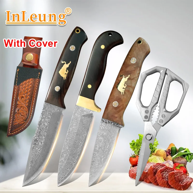 Damascus VG10 Steel Knife wood Handle Fixed blade knife Fruit Knife Sharp Chef Knives Meat Fruits Vegetables BBQ Cooking Knife