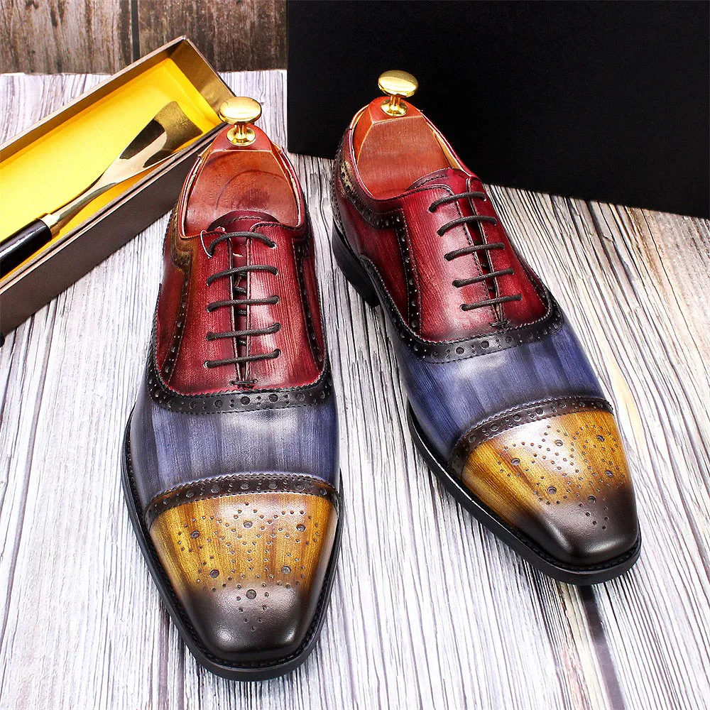 Handmade Mens Dress Shoes 100% Calf Leather Cap Toe Oxford Mixed Colors Lace Up Luxury Brogue Wedding Party Formal Shoes for Men