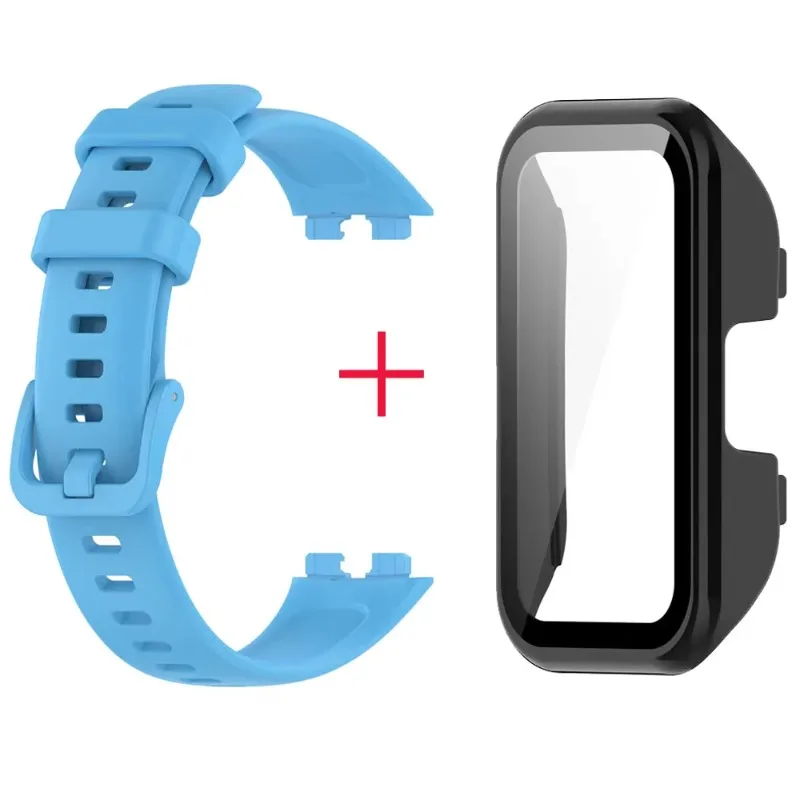 เคสพีซี+สายซิลิโคนสำหรับ Huawei Band 10 9 8 หน้าจอ HD กระจกนิรภัยกันรอย ฝาครอบระบายอากาศ สายรัดข้อมือสำหรับ Huawei Band 10