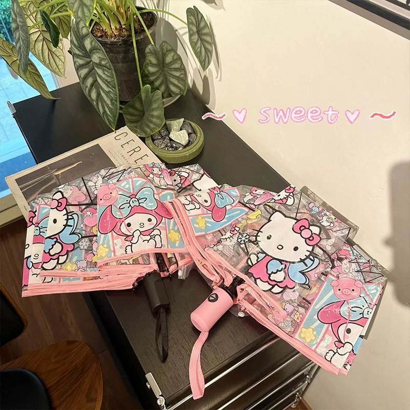 Hello Kitty Sanrio Kawaii ร่มโปร่งใสพับได้ลายการ์ตูนเด็กผู้หญิงหัวใจน่ารักการ์ตูนสามพับแบบพกพาหนาของขวัญนักเรียน