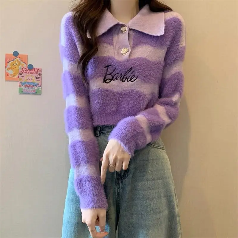 Anime Barbie Polo Collar Striped Sweater Women\'s Fall Winter Lazy Loose Bottoming Kawaii Sweater Short Letter Embroidered Tops