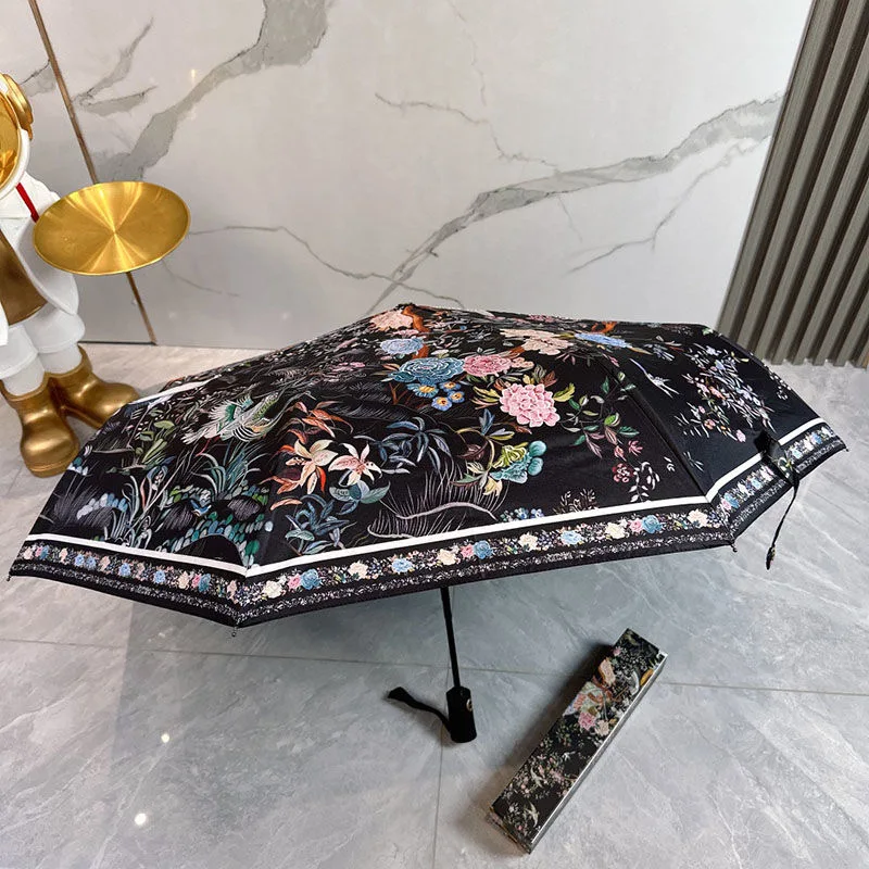 Luxury Umbrella Women Sunny Umbrella Sunscreen UV Phoenix Bird Black Rubber Sunshade Umbrella Folding Automatic Umbrella