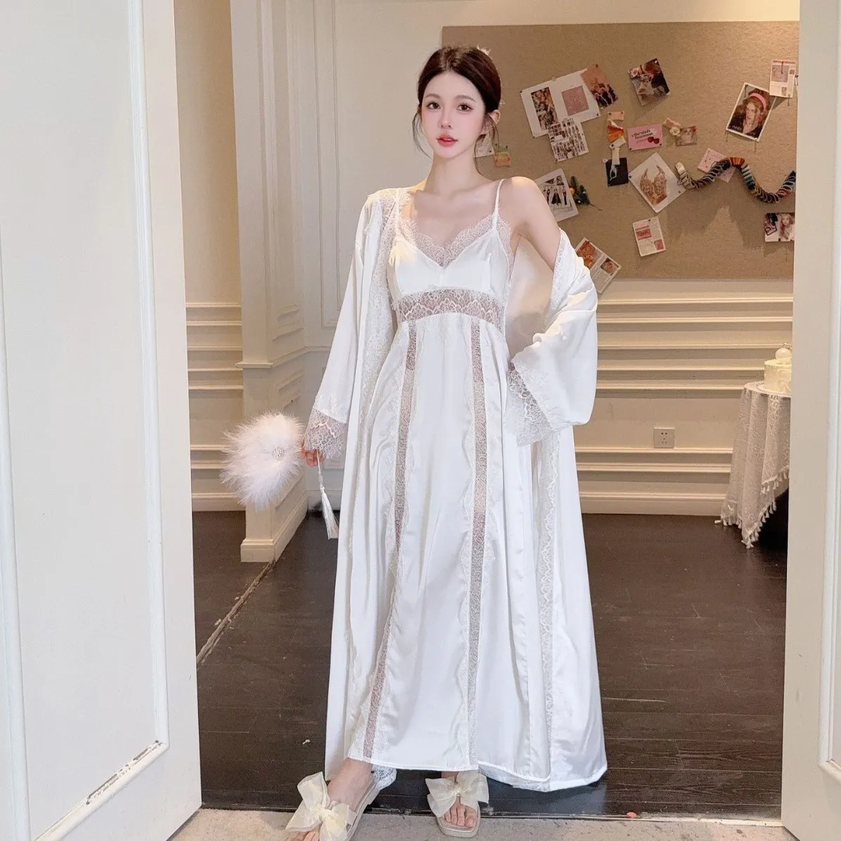 

Long Princess Style Homewear 2Pcs Women Nightdress Sexy Lace Floral Spaghetti Strap Spring New Homewear Nightgown Kimono Suit