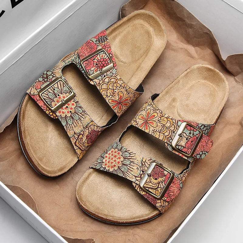 Women Sandals Printing Leather Mules 2024 Summer Female Retro Style Slippers Beach Casual Shoes Cork Bottom Non-slip Luxury Shoe