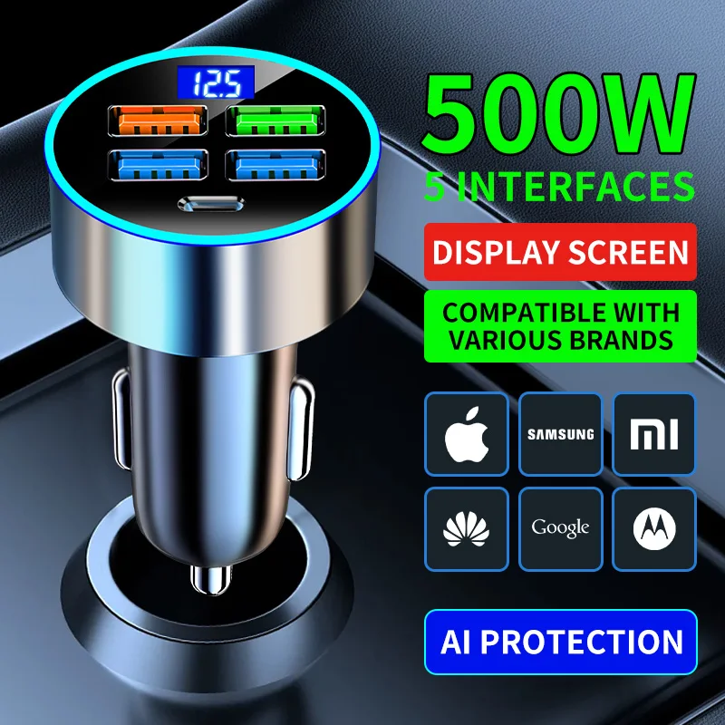 빠른 충전 차량용 충전기 전압 보호 iPhone 용 USB Type-c 5 인터페이스가있는 휴대 전화 어댑터 Samsung Xiaomi Huawei