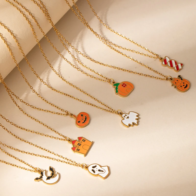 ANENJERY 316L Stainless Steel Pumpkin Ghost Bat Pendant Necklace For Women Men Halloween Festival Fashion Jewelry Gift Wholesale