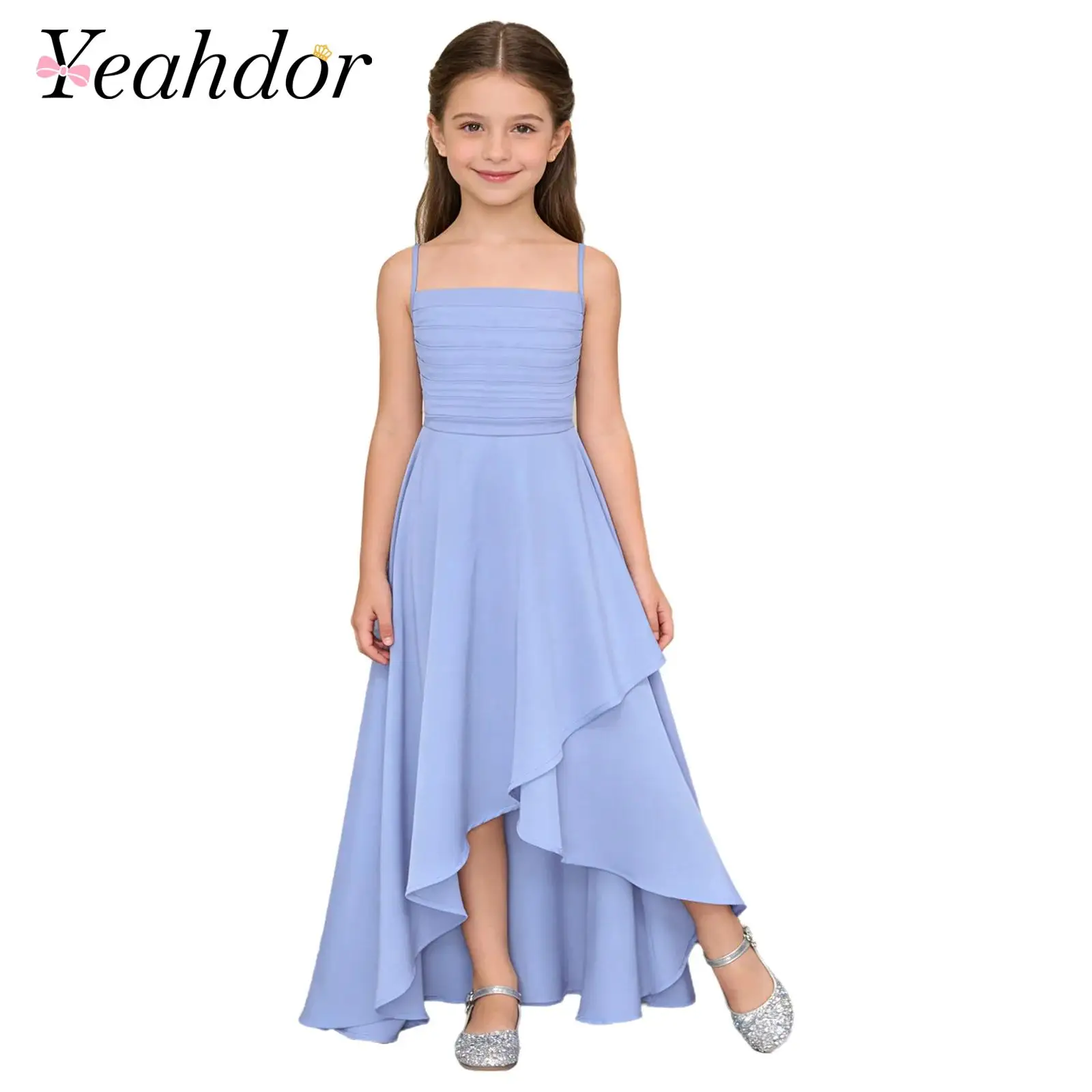 Kids Girl Elegant Party Gown Pleated Sling Maxi Dress for Wedding Formal Party Prom Spaghetti Strap Junior Bridesmaid Dresses