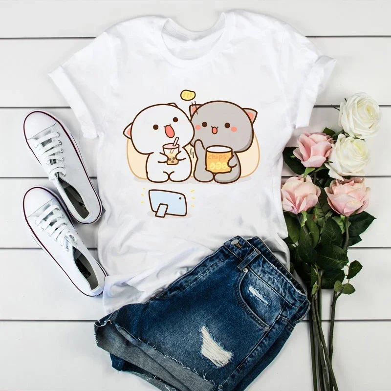 Women's Cute Cartoon T-Shirt, Peach Cat Print, Harajuku, Kawaii, Summer Tops, Tee Shirt, Tumblr Clothes, New