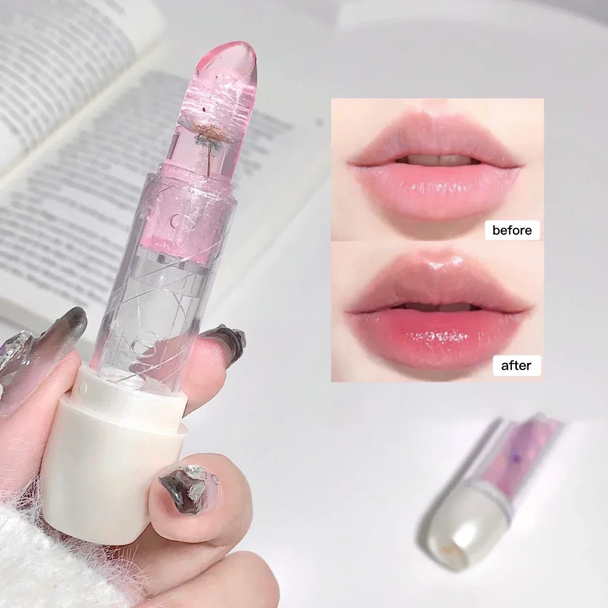 Heallor Jelly Flower Lip Balm Gloss Transparent Lipstick Temperature Color Changing Lip Balm Moisturizing Lips Makeup Long Lasti