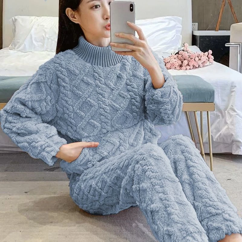 Ms. Wintertime Warm Flannel Pullover Stand Collar Home Suit Spring and Autumn Pajamas for Women Coral Fleece Big Pocket Pajamas