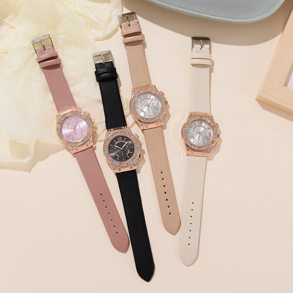 2PCS Women Watch Luxury Fashion Elegant Alloy Flower Rose Gold Bracelet Wristwatch For Ladies Quartz Watch