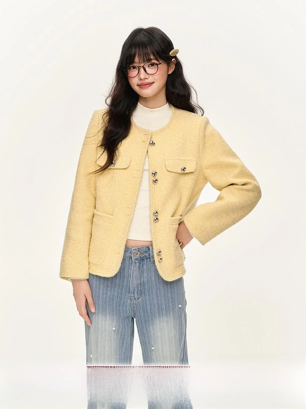 

Umoumo Sweet Свободная круглая верхняя одежда с желтой текстурой Small Fraance Sle из полиэфирного волокна Женское весеннее пальто