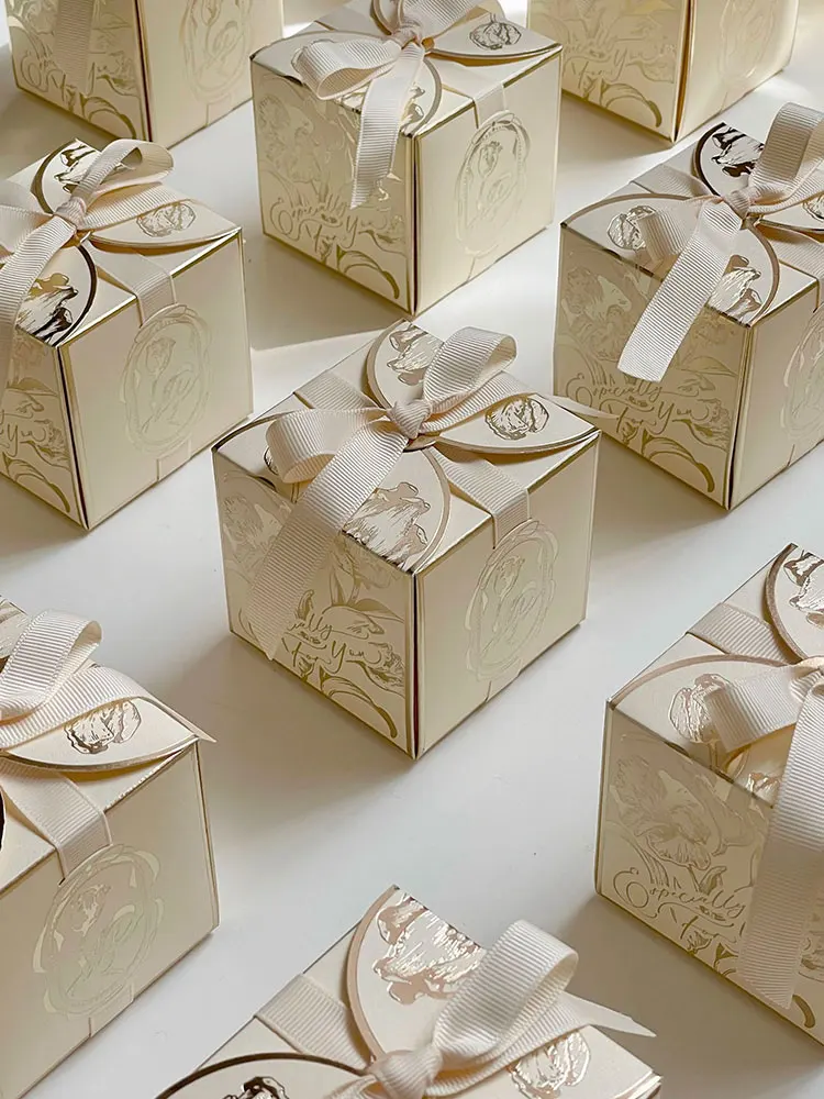 Square Paper Gift Boxes with Ribbons, Wedding Favors Box, Bridal, Baby Shower, Birthday Party, Premium Silver Champagne - view 2