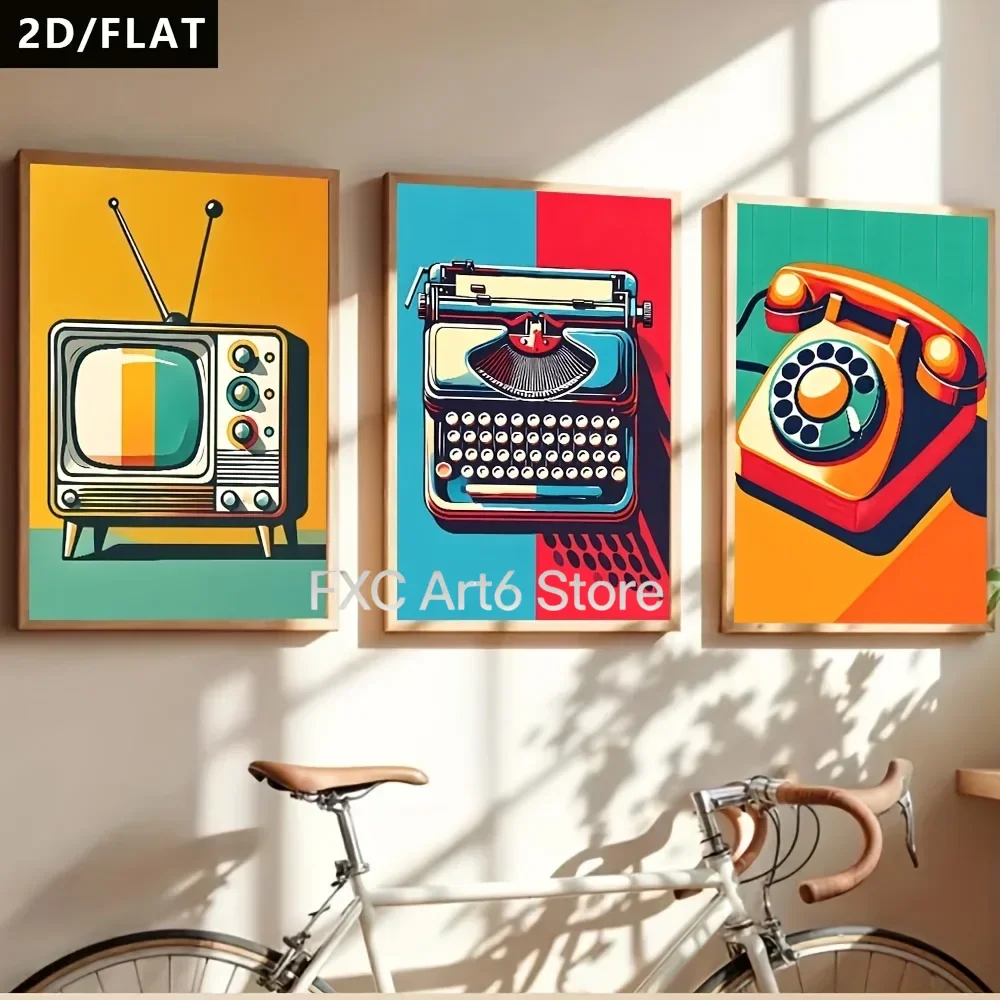 3pcs frameless -2D Flat, 2D/Flat  Vintage Style Colorful Cartoon Electrical Appliance Poster - Vintage Tv Sets, Typewrite