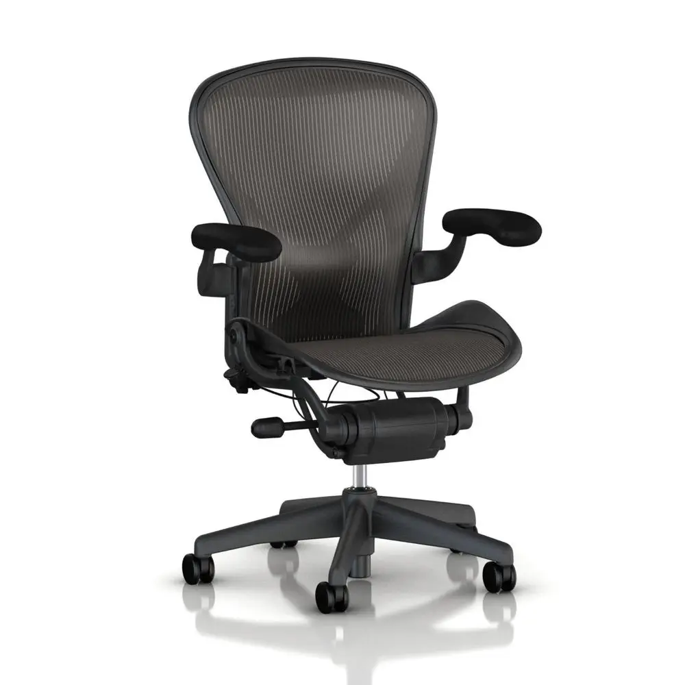 

Aeron Chair Highly Adjustable with PostureFit Lumbar Support and Black Leather Arms Medium Size B Graphite Dark Frame, Classic