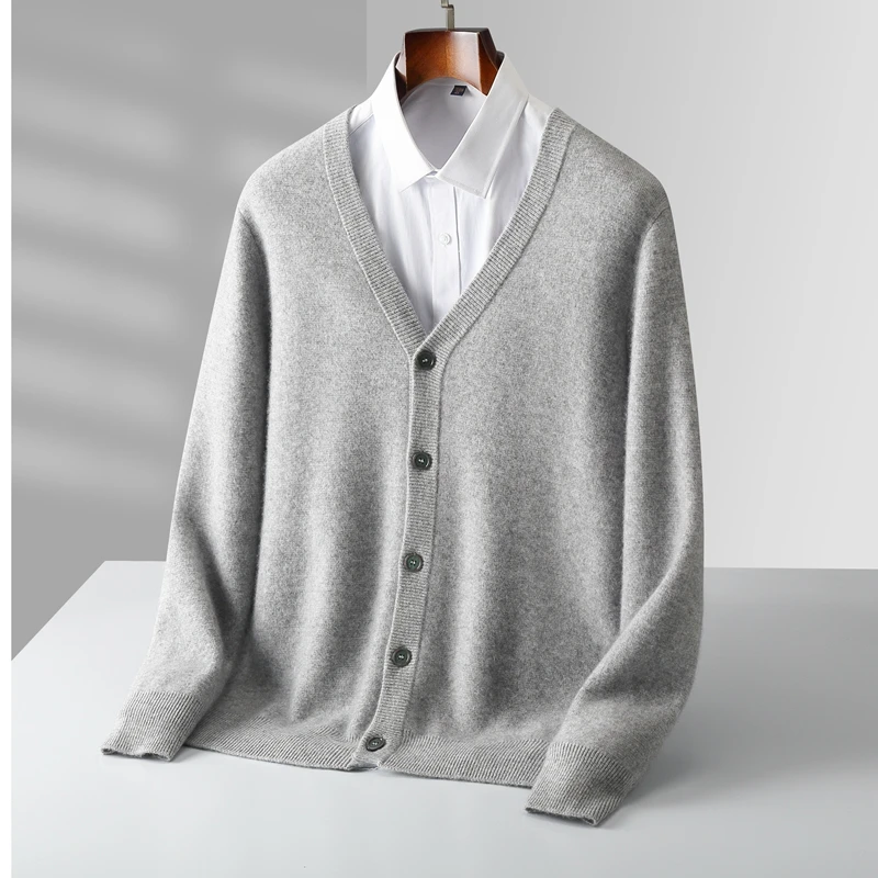 New autumn and winter men's 100% pure wool knit cardigan V-neck loose business casual sweater coat