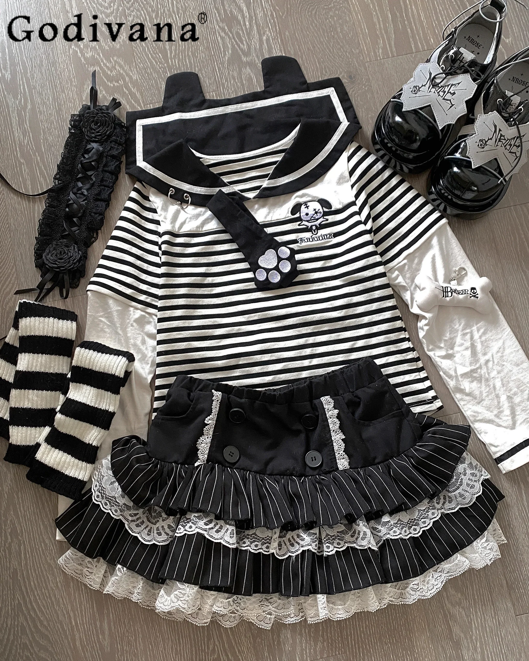 

Original Japanese Girl Sweet Cute Long-sleeved Striped T-shirt Tops Women High Waist Slim-Fit Lace Splicing Mini Pleated Skirts