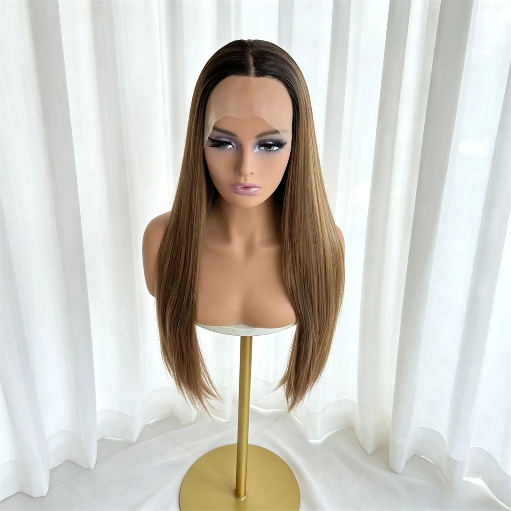 13x4 Middle Part New In Ombre Warm Honey Brown Synthetic HD Lace Front Wig for White Black Women Soft Long Straight Wig 26 Inch
