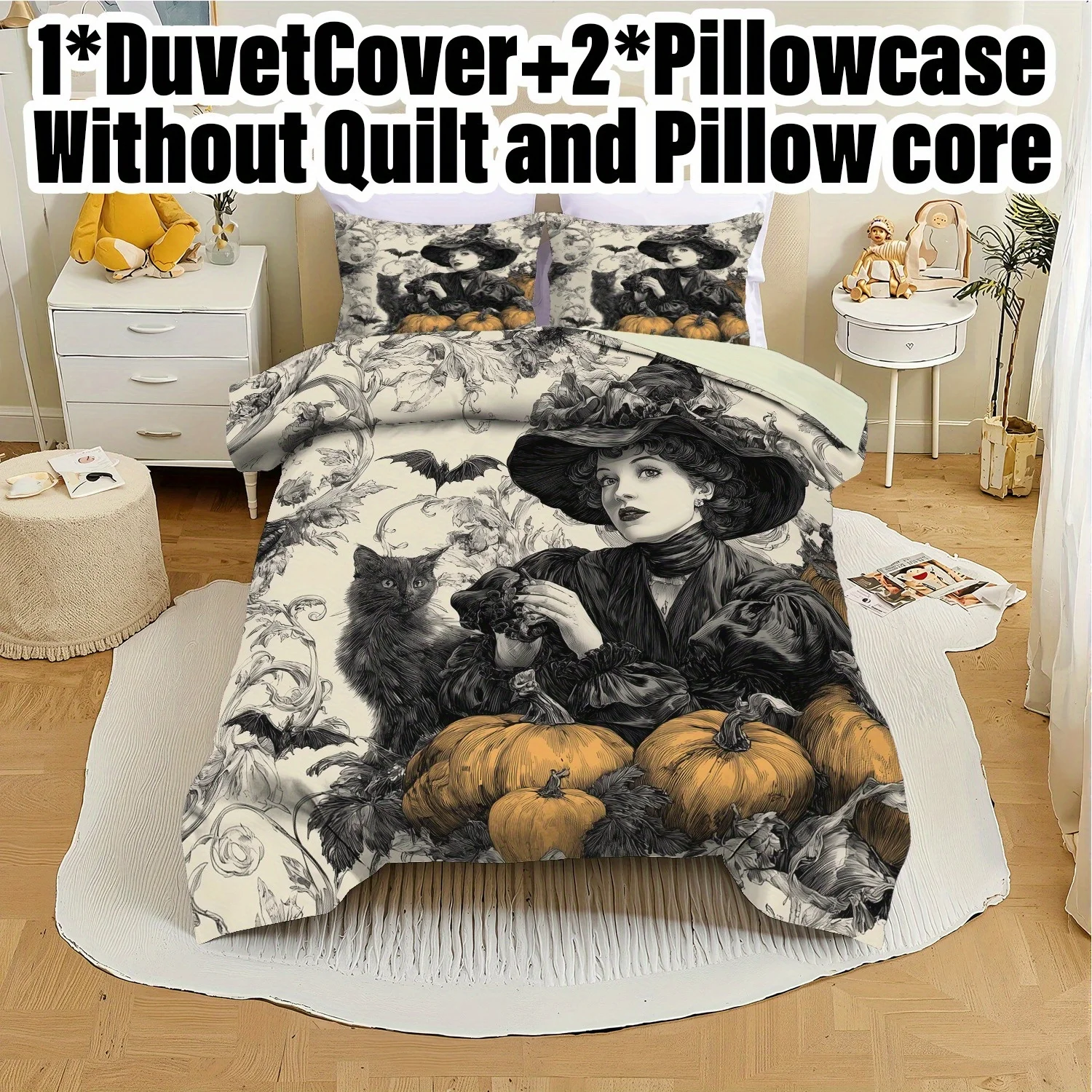 3pcs Halloween Pumpkin Monster Duvet Cover Set Without Core, Quilt Cover With 2 PillowcasesSoft And Machine Washable Duvet Cover