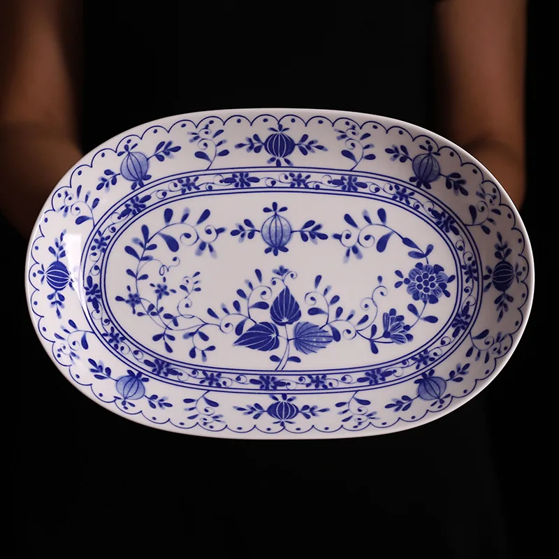 11inch Oval Steamed Fish Plate Blue And White Ceramic Long Plate Porcelain Dinner Plate Household Rectangular Tablewear