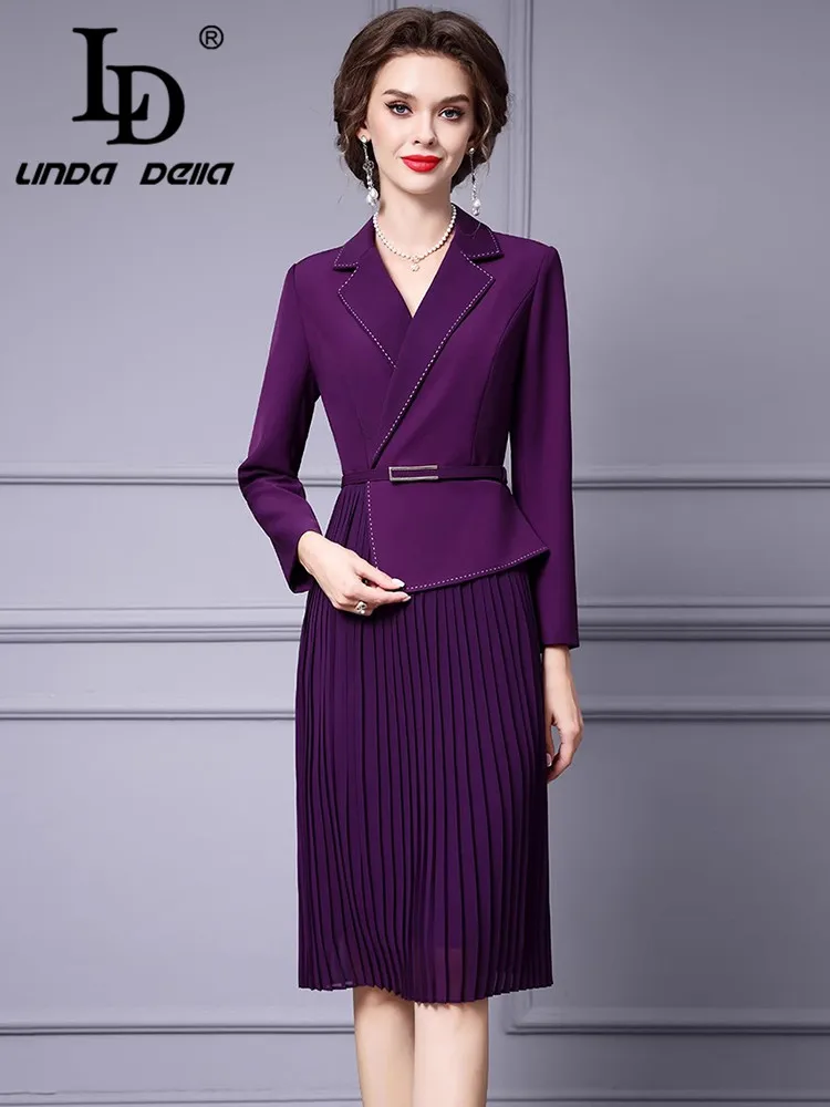 LD LINDA DELLA Autumn Winter New Style Commuter Designer Women\'s Dress Notched Slim-Fit Hip Wrap Pleated Splicing Lace-UP Dress