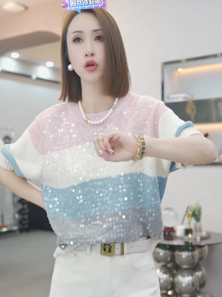 Ele Lavorato a maglia rotondo Ne ort Sve irt Soft iny Paillettes a righe Colore Blo Gentle Top Versatile Summer Faion Donna...