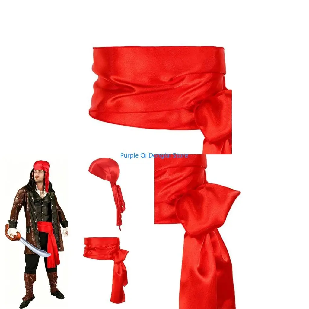 L21E Captain Pirate Headwear Pirate Kerchief Bandana Sash Belt for Halloween Pirate Theme Photograph Props Accessories